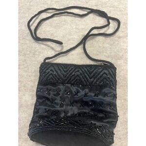 Vintage Unique Mini Micro‎ Shoulder Purse Beaded Black Satin Evening Bag Dainty